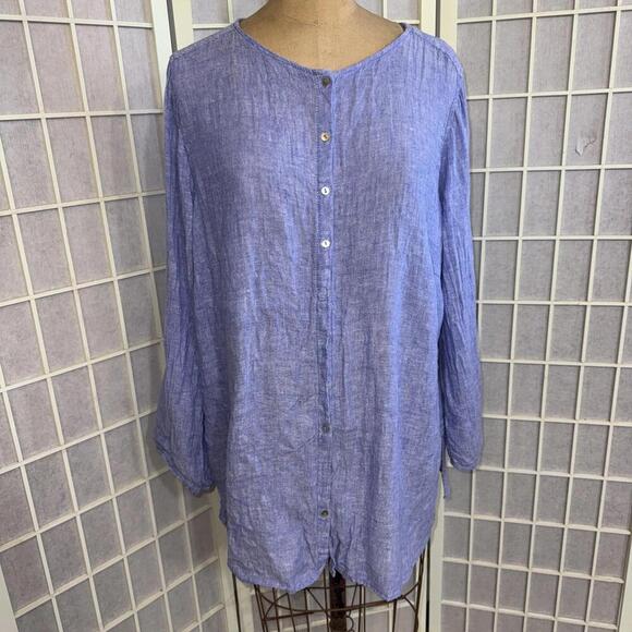 Tahari Tops - Tahari 100% Linen Blue Lightweight Boho Beach Quiet Luxury Minimalist Blouse 1X